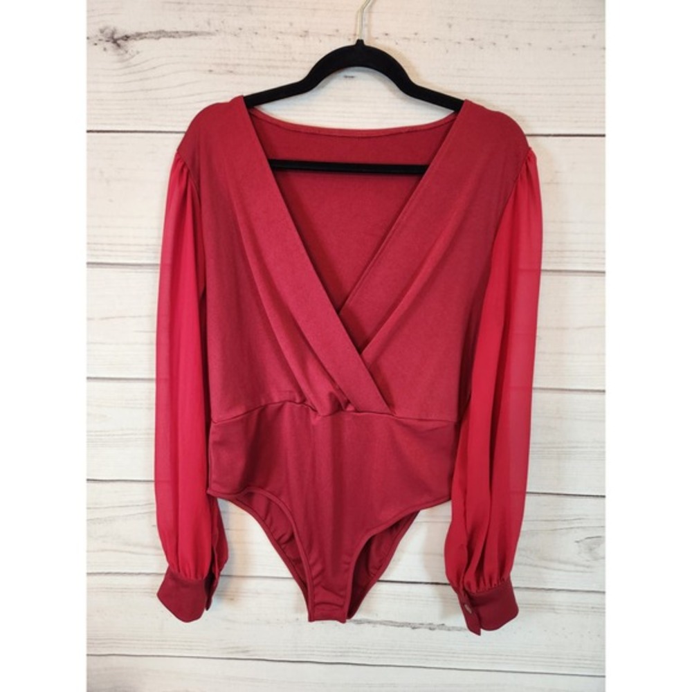 Shein Women's Red Solid Stretch Deep V-Neck Long‎ Sleeve Wrap Bodysuit Size XL